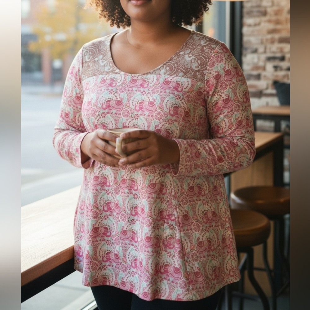 COLDWATER CREEK | Pink Elephant Boho‎ Cotton Blend Long Sleeve Swing Top | 1X